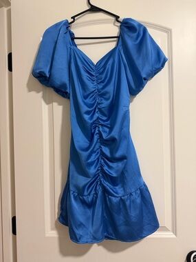 HYFVE Royal Blue Ruched Mini Dress with Puff Sleeves